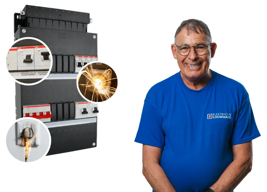 Elektricien van Louwmans naast een groepenkast met kortsluiting